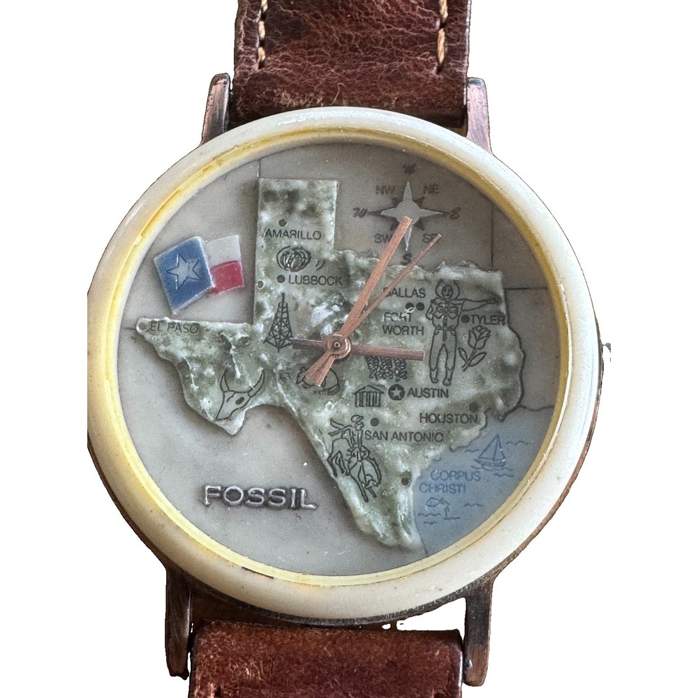 Fossil BW-6737 Vintage Texas State Map Watch Brown Leather Band Japan